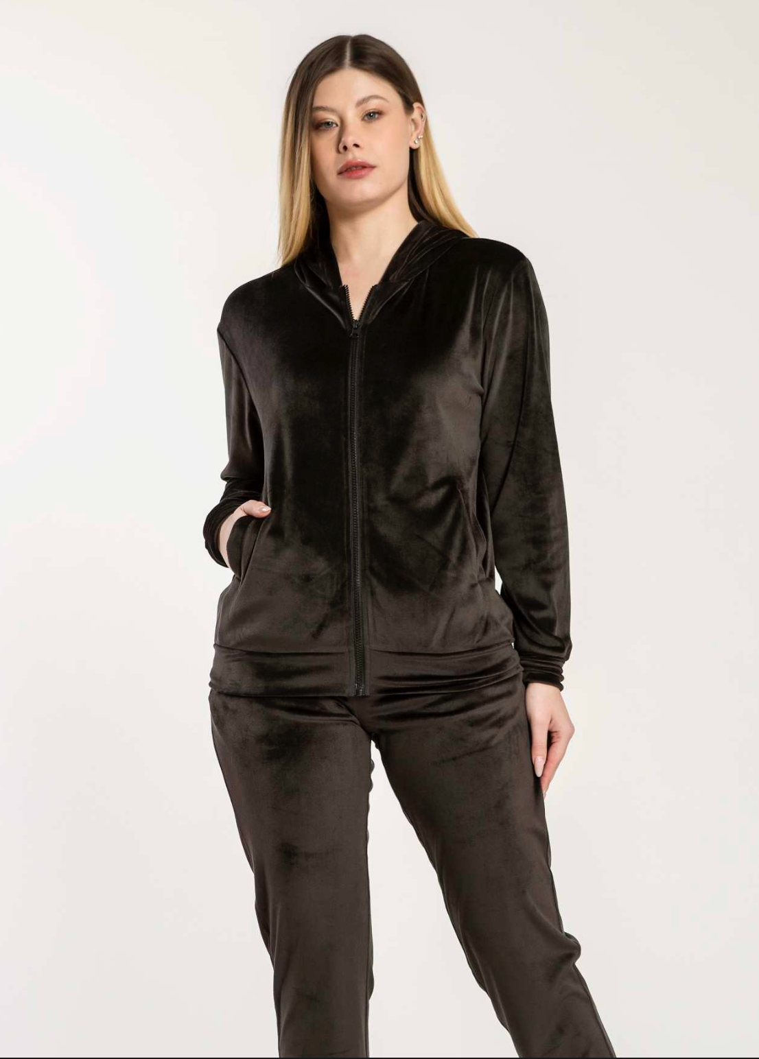 PD1423 - TUTA VELVET CON ZIP E CAPPUCCIO
