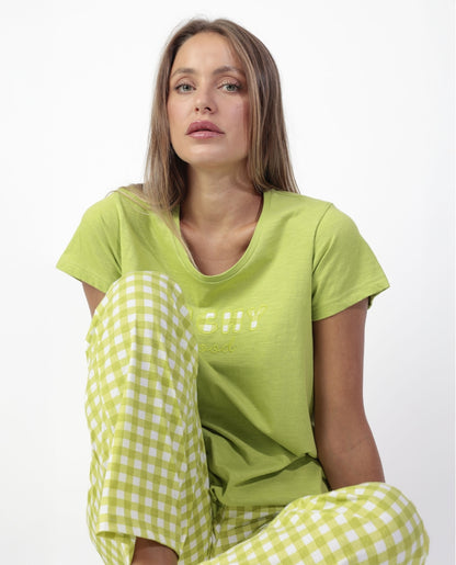 64586 - PIGIAMA DONNA MANICA CORTA E  PANTALONE LUNGO VICHY